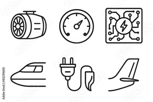 Hybrid Aircraft Icons. Hybrid Aircraft Systems linear icon set: engine, fuel gauge, circuit board, cockpit, connector plug, exhaustless tail