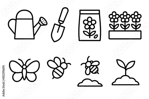 Garden Tool Icons. Flower garden linear icon set: watering can, garden trowel, seed packet, flower bed, butterfly, bee, soil mound, sprouting plant