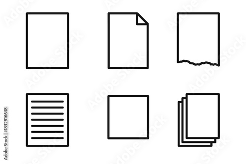 Paper Icon Collection. Paper Essentials Set linear icon set: sheet of paper, folded paper, torn edge, lined page, blank note, stacked sheets