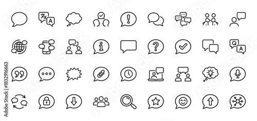 Communication line icon set. Vector pictograms of chat, question, answer, information, and messaging bubbles, thin linear illustration.