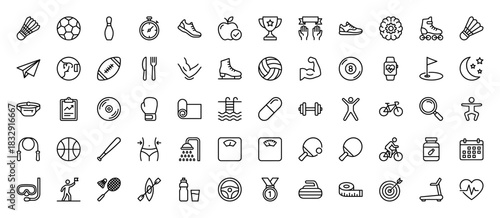 Sport and fitness line icon set. Vector pictograms of badminton, soccer ball, dumbbell, jump rope, and treadmill, thin linear illustration.