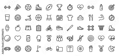 Sports and fitness line icon set. Vector pictograms of basketball, football, weights, bike, medal, and clock, thin linear illustration.