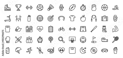 Fitness and sports line icon set. vector pictograms of ball, dumbbell, kayak, stopwatch, and treadmill, thin outline illustration.