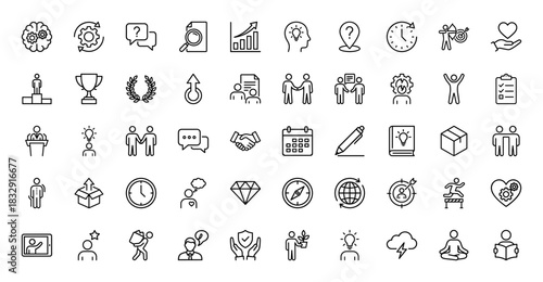 Business management and human resources line icon set. Vector pictograms of teamwork, strategy, growth, and time, thin linear illustration.