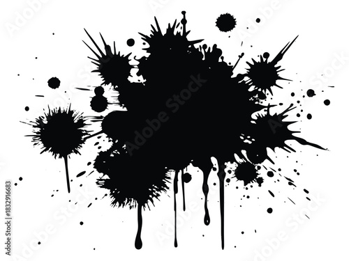 Abstract black ink blot with splatters and drips on a white background for artistic design
