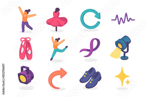 Dance Icon Set. Dance Movement flat icons set. dancer, twirling skirt, spin arrow, rhythm line, ballet shoes, jump pose, flow ribbon, spotlight, stage light, curved arrow, tap