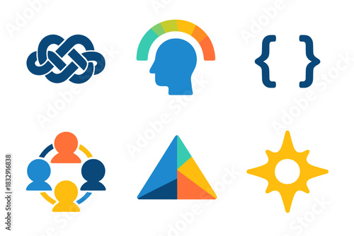 Skill Icons in Vibrant Colors. Skill Horizons flat icon set: critical thinking knot, flexible mindset arc, coding bracket, teamwork circle, data insight prism, creativity flare