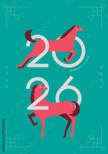 Year of the Horse 2026 Festive Zodiac Art. Korea, Korean, Korean holidays.