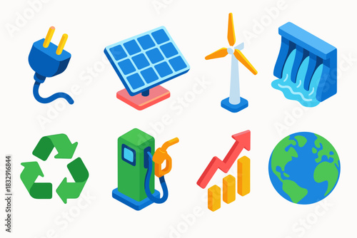 Clean Energy Icons. Clean Energy Shift flat icon set: electric plug, solar array, windmill, hydro dam, recycle symbol, fuel pump, chart arrow, planet