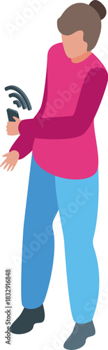 Casual dressed girl trying to find stable mobile network connection holding smartphone showing low wifi signal