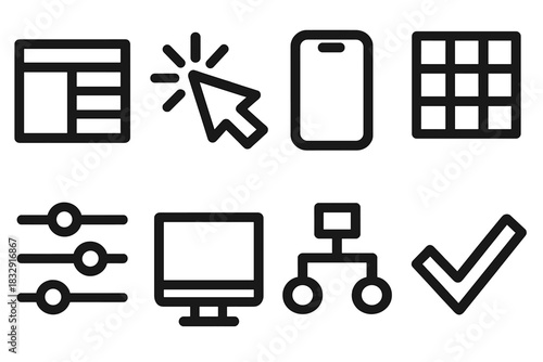 Brutalist UI_UX Icons. UI/UX Design silhouette icon set. wireframe, cursor click, smartphone, grid, sliders, monitor, flowchart, checkmark.