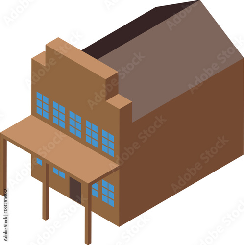Isometric view of a wild west saloon building featuring a wooden porch and blue windows, representing classic western architecture