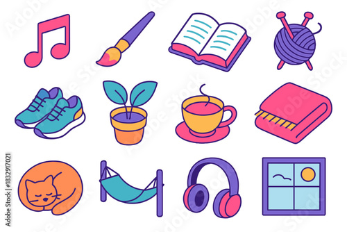 Stress Relief Icons. Stress relief activities flat icon set: music note, paintbrush, open book, knitting yarn, walking shoes, plant pot, cup of tea, cozy blanket, pet, hammock