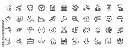 Finance and business line icon set. Vector pictograms of bank, charts, growth, money, and security, thin linear illustration.