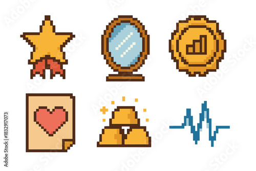 Personal Achievement Icons. Personal Recognition pixel style icon set: self-awarded star, reflection mirror, progress badge, gratitude note, milestone icon, positive pulse