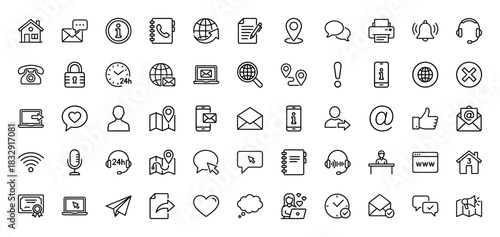 Contact and communication line icon set. Vector pictograms of phone, mail, chat bubble, headset, location pin, support, user and web symbols, thin linear illustration.