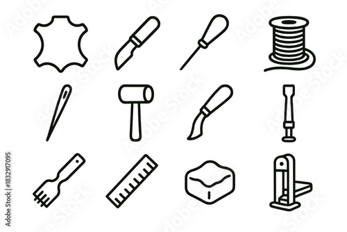Leather Crafting Essentials. Leather Crafting linear icon set: leather hide, cutting knife, stitching awl, thread spool, needle, mallet, edge beveler, rivet, punch tool, ruler, wax