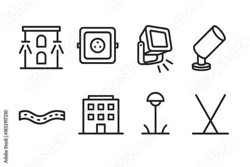 Architectural Lighting Icons. Architectural Lighting linear icon set. facade light, recessed light, floodlight, uplight, LED strip, building, path light, beam.
