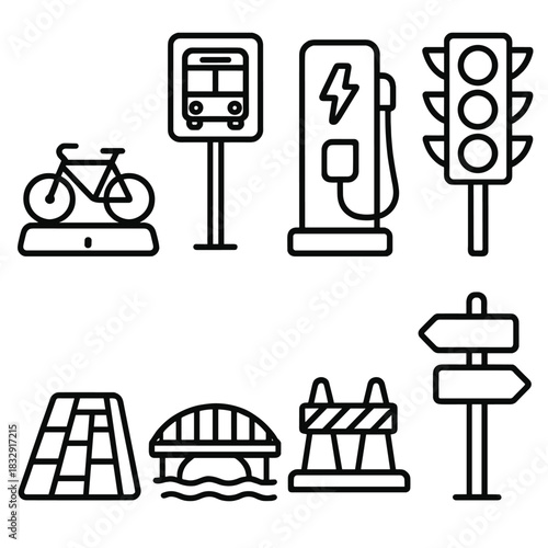 Urban Mobility Icons. Urban Mobility Infrastructure linear icon set: bike lane marker, bus stop sign, charging station, traffic light, sidewalk ramp, bridge span, road divider