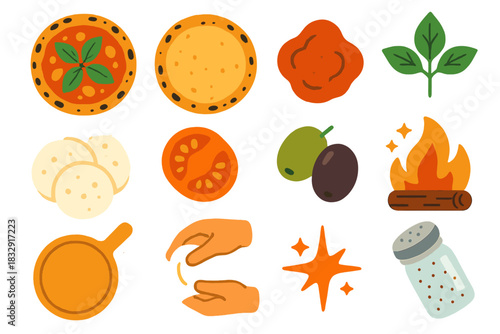 Artisanal Pizza Icons. Artisanal Pizza Pack flat icon set: rustic pie, charred crust, marinara dollop, fresh basil sprig, sliced mozzarella, cherry tomato half, olive duo