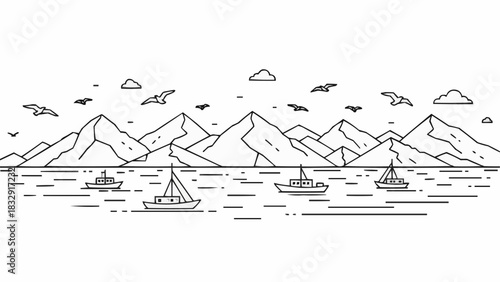 Scenic mountain range with boats sailing on the water under the sky.
