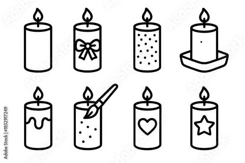 Decorative Candle Icons. Decorative Candles linear icon set: pillar candle, ribbon, glitter, mold, tray, paintbrush, heart, star