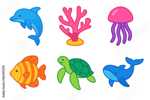 Vibrant Marine Icons. Marine Life flat icons set. dolphin, coral, jellyfish, sea turtle, fish, whale