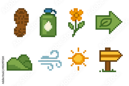 Eco-Friendly Travel Icons. Low-Impact Travel pixel style icon set: hiking bootprint, refill canister, wildflower sprig, eco arrow, rolling hill, breeze sweep, bright sunburst