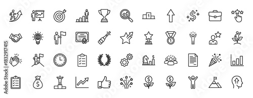 Business line icon set. Vector pictograms of success, award, achievement, growth, target, money, presentation, and leadership, thin linear illustration.