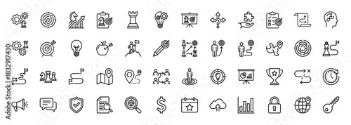 Business strategy and planning line icon set. Vector pictograms of target, gear, chess, map, lightbulb, and checklist, thin linear illustration.