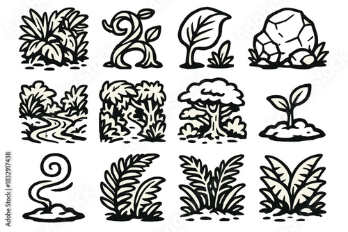 Jungle Icons Collection. Wild Jungle Pack linear icon set: thick foliage, twisting vine, giant leaf, jungle rock, flowing stream, hidden path, layered canopy, plant sprout, humid