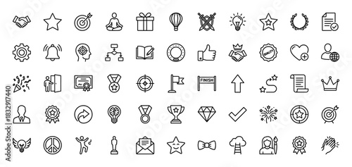 Success and achievement line icon set. Vector pictograms of trophy, medal, target, handshake, star, crown, certificate, gift, thin linear illustration.