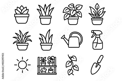 Houseplant Icon Collection. Houseplant Collection linear icon set: succulent, aloe, pothos, peace lily, spider plant, snake plant, watering can, spray bottle, sunlight, plant shelf