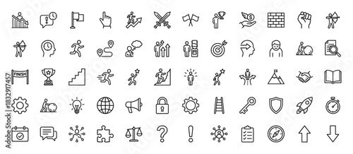 Business and success line icon set. Vector pictograms of target, trophy, runner, lightbulb, and shield, thin linear illustration.