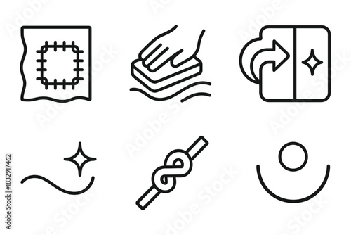Icons of Transformation. Renew & Repair Forms linear icon set: mended fabric patch, smoothing block, restoration arrow, clean-slate panel, polished surface gleam, repair knot