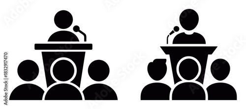 podium speaker and audience silhouette icon set showing public speaking scene useful for conference designs, seminar visuals, education materials and event graphics