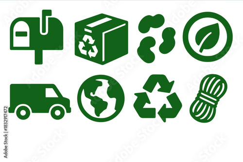 Green Shipping Icons. Green Shipping silhouette icon set: mail box, recycled carton, biodegradable peanuts, eco sticker, delivery van, globe, arrow recycle icon, string