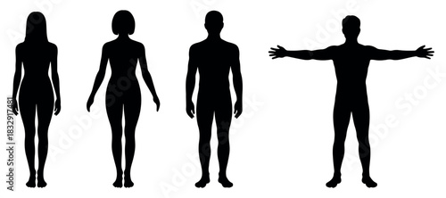 Human body silhouette icon set featuring standing male and female poses in simple minimal vector style, perfect for medical, fitness, posture training, anatomy, and educational design projects