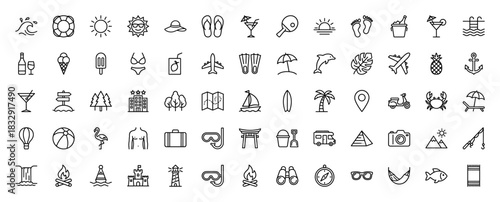 Summer vacation and travel line icon set. Vector pictograms of sun, beach, cocktail, airplane, hotel, suitcase, surfing and camping symbols. Thin linear illustration.