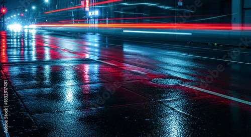Nighttime city street with wet pavement and colorful light reflections  