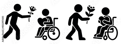 wheelchair assistance icon set, showing caregivers assisting wheelchair users, ideal for accessibility signage, disability support materials, healthcare graphics, inclusive design systems