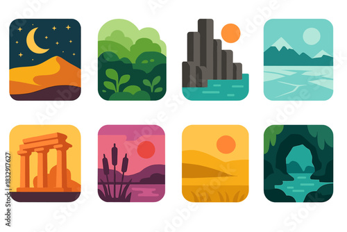 Exploratory Icon Collection. Exploratory Realms flat icon set: starlit desert, mossy glen, basalt columns, frozen lake, ancient ruins, twilight marsh, broad steppe, hidden grotto