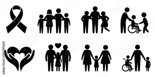 family disability icon set, set of inclusive family icons representing disability awareness, featuring caregivers, children, wheelchair users, and support elements, ideal for social campaigns, health 