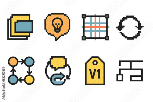 Pixel Art Workflow Icons. Creative Workflow Systems Icons pixel style icon set: layered frames, concept bubble, design grid, revision arrows, asset flow, feedback loop, version tag