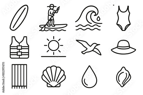 Paddleboarding Beach Icons. Stand-Up Paddle linear icon set. board, paddle, wave crest, water droplet, swimsuit, life vest, sun, horizon line, seagull, hat, beach towel, shell