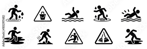safety activity icon set, collection of hazard and activity safety icons showing running, falling, swimming, and caution symbols, perfect for signage, educational materials, workplace safety posters