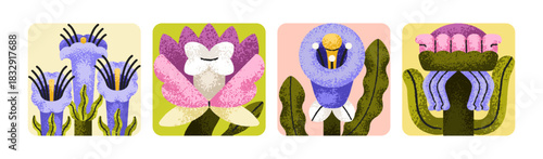 Floral cards set. Whimsical hand-drawn flower blossoms, quirky botanical shapes, spring blooms in creative modern style. Abstract garden plants, nature backgrounds. Flat vector illustration