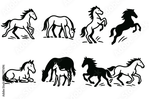 Dynamic Horse Silhouettes. Wild horses concept linear icon set: running horse, grazing horse, rearing stallion, resting mare, foal, horse silhouette, jumping horse, galloping pair