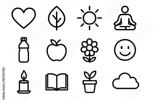Wellbeing Icons Collection. Wellbeing linear icon set. heart, leaf, sun, yoga pose, water bottle, apple, flower, smile face, candle, book, plant, cloud.