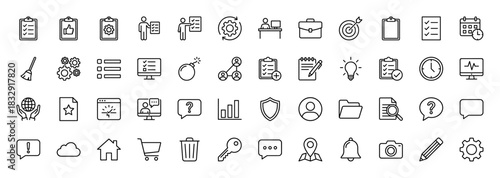 Business and office management line icon set. vector pictograms of checklist, calendar, strategy, and finance, thin linear illustration.